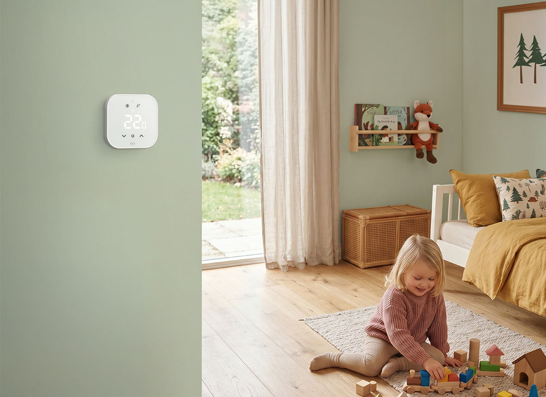Eve Thermostat: Smartes Wandthermostat für Fußbodenheizungen mit Matter over Thread 6 Eve Thermostat an einer Wohnraumwand – dank Triac-Technologie schaltet es die Fußbodenheizung geräuschlos
