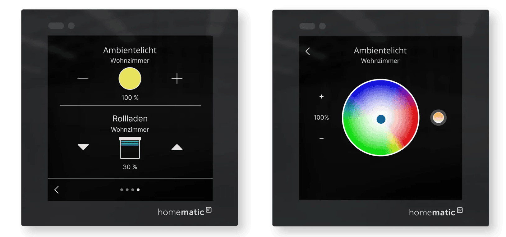 Bildschirmseiten und Funktionskacheln des Homematic IP Glasdisplays zur Steuerung von Licht, Beschattung und Szenen