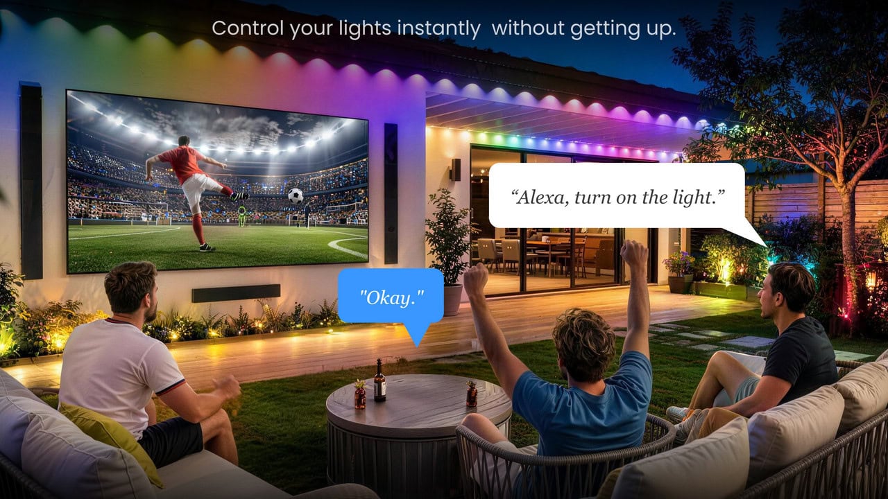 SwitchBot Permanent Outdoor Lights: 30 Meter Außenbeleuchtung mit Matter over Wi-Fi für 199,99 Euro 7 Zwei Freunde schauen abends im Garten ein Spiel und schalten die Pergola-Beleuchtung der SwitchBot Permanent Outdoor Lights per Sprachbefehl ein